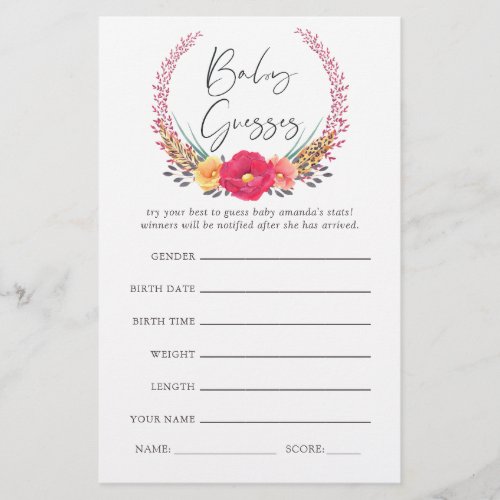 Watercolor Floral Safari Baby Shower Guesses Game