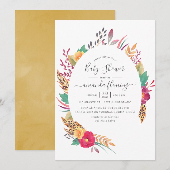 Watercolor Floral Safari Baby Shower Invitation (Front/Back)