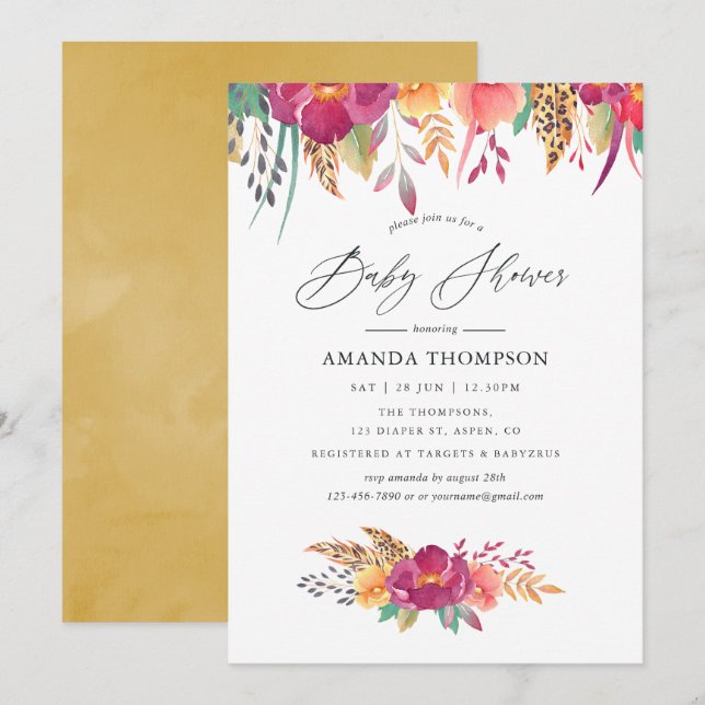 Watercolor Floral Safari Baby Shower Invitation (Front/Back)