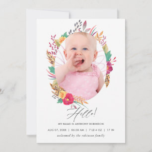 Watercolor Floral Safari Birth Announcement Card