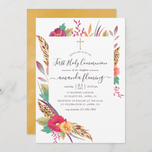 Watercolor Floral Safari First Holy Communion Invitation