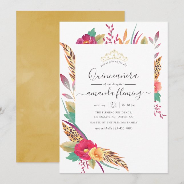 Watercolor Floral Safari Quinceañera Invitation (Front/Back)