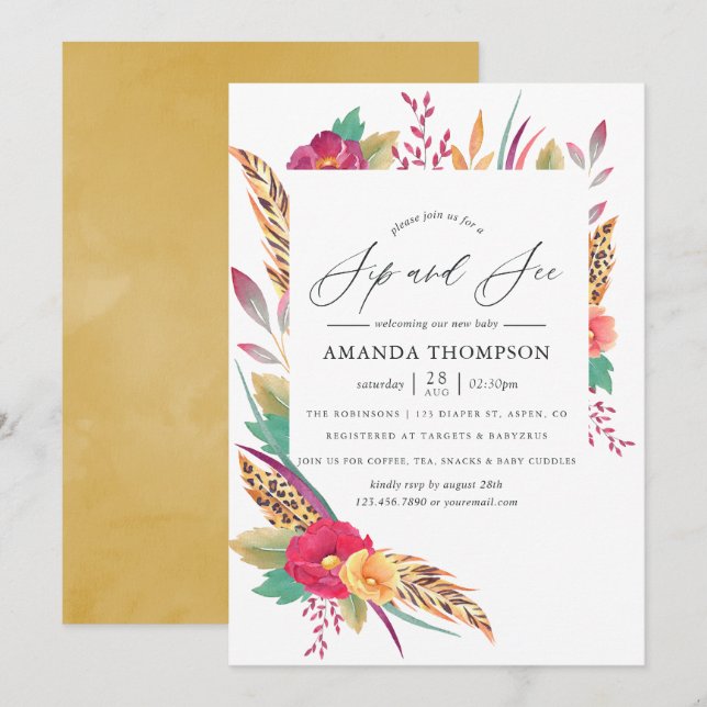 Watercolor Floral Safari Sip and See Invitation (Front/Back)