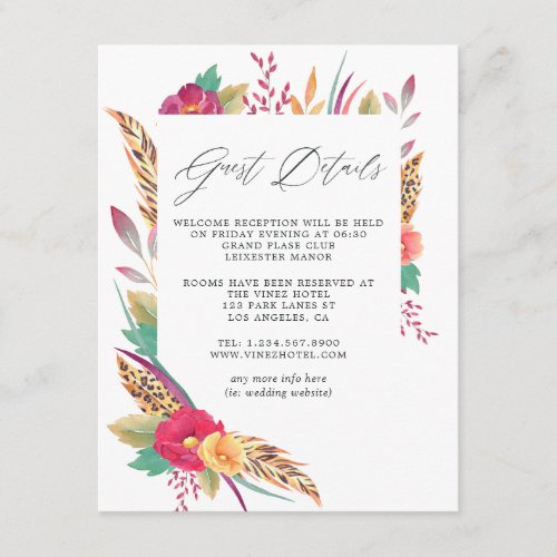 Watercolor Floral Safari Wedding Guest Details Enclosure Card