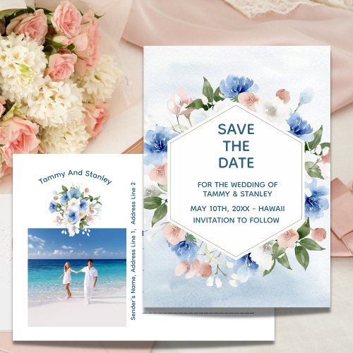 Watercolor Floral Save The Date Photo Announcement