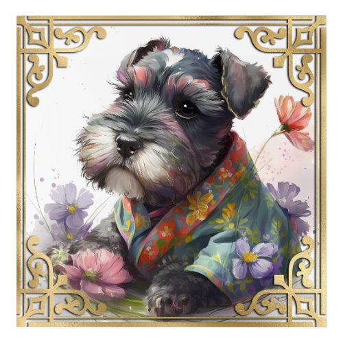Watercolor Floral Schnauzer Puppy with Gold Frame Acrylic Print
