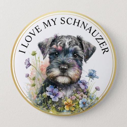 Watercolor Floral Schnauzer Puppy with Gold Frame Button