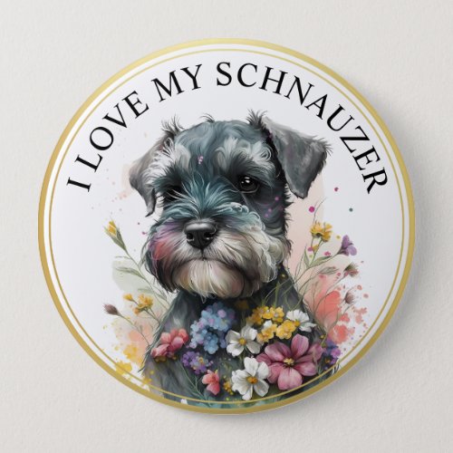 Watercolor Floral Schnauzer Puppy with Gold Frame Button