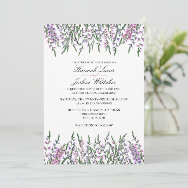 Watercolor Floral Scottish Heather Wedding Invitation (Standing Front)