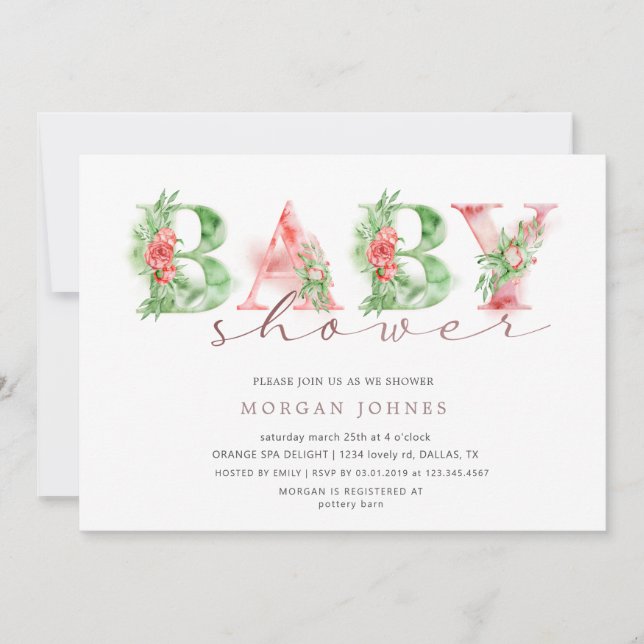 Watercolor floral script baby shower invitation (Front)