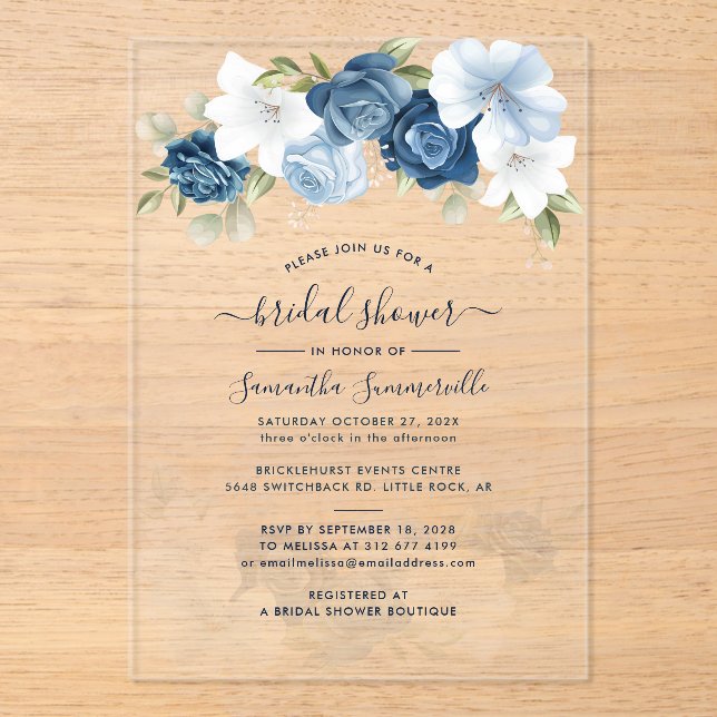 Watercolor Floral Script Bridal Shower Acrylic Invitations (Front)