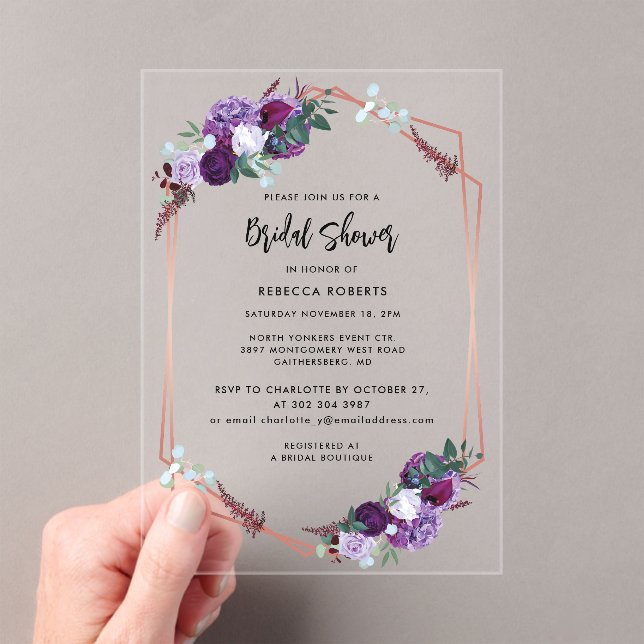 Watercolor Floral Script Elegant Bridal Shower Acrylic Invitations (Insitu (Handheld))