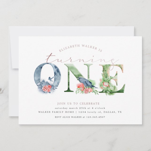 Watercolor floral script first birthday invitation (Front)