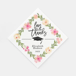 Watercolor Floral Script Love & Thanks Graduation Napkins