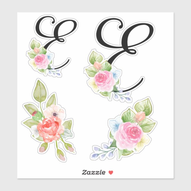 Watercolor Floral Script Monogram Letter E Sticker (Sheet)