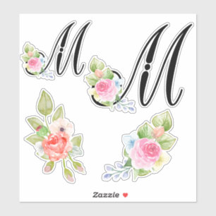 Watercolor Floral Script Monogram Letter M Sticker
