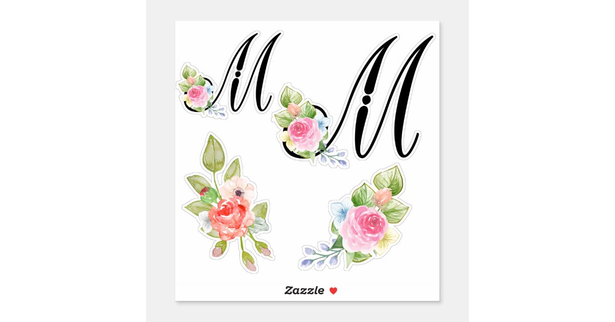 Watercolor Floral Script Monogram Letter M Sticker