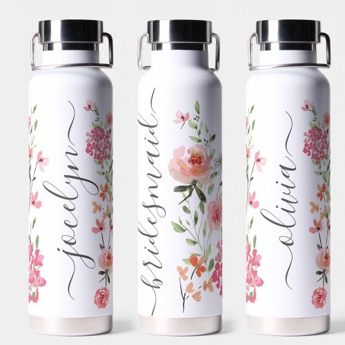 Watercolor floral Script Personalized Bridesmaid Water Bottle