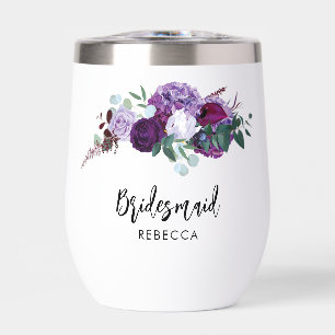 Watercolor Floral Script Wedding Bridesmaid Thermal Wine Tumbler
