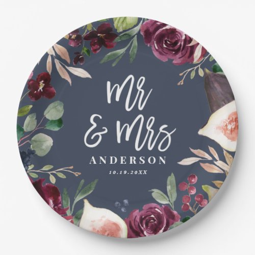 Watercolor floral  script wedding day Mr  Mrs Paper Plates