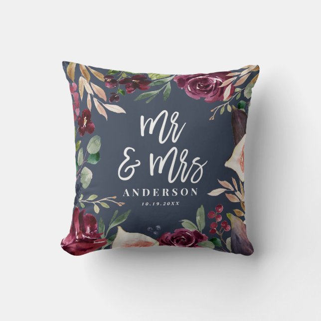 Watercolor floral + script wedding Mr & Mrs Throw Pillow (Front)