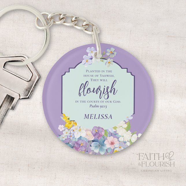 Watercolor Floral Scripture Verse Personalized Keychain (Creator Uploaded)