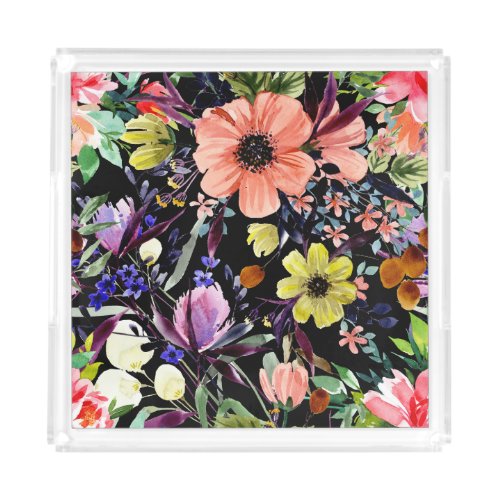 Watercolor Floral Seamless Garden Pattern Acrylic Tray