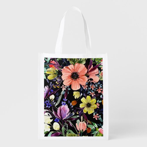 Watercolor Floral Seamless Garden Pattern Grocery Bag