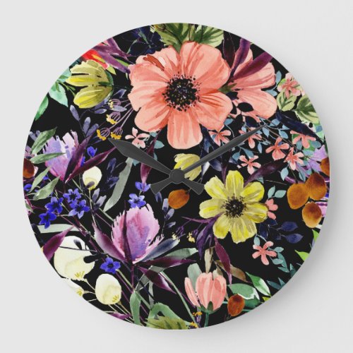 Watercolor Floral Seamless Garden Pattern Large Clock