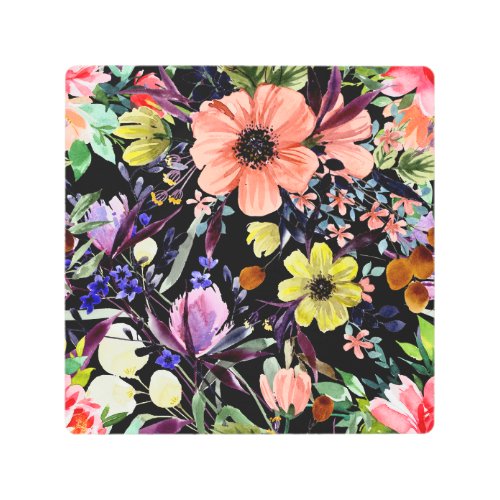 Watercolor Floral Seamless Garden Pattern Metal Print