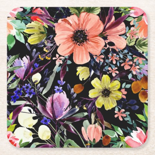 Watercolor Floral Seamless Garden Pattern Square Paper Coaster