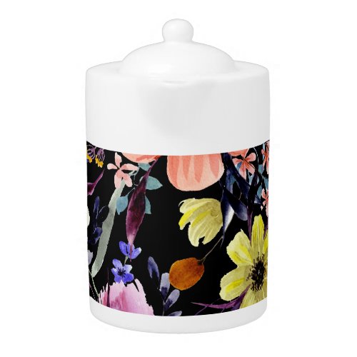 Watercolor Floral Seamless Garden Pattern Teapot