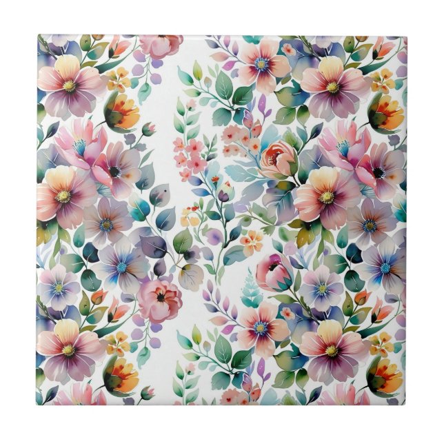 Watercolor Floral Seamless Pattern Ceramic Tile (Front)