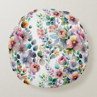 Watercolor Floral Seamless Pattern Round Pillow