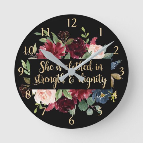 Watercolor Floral She Is Clothed Quote Clock