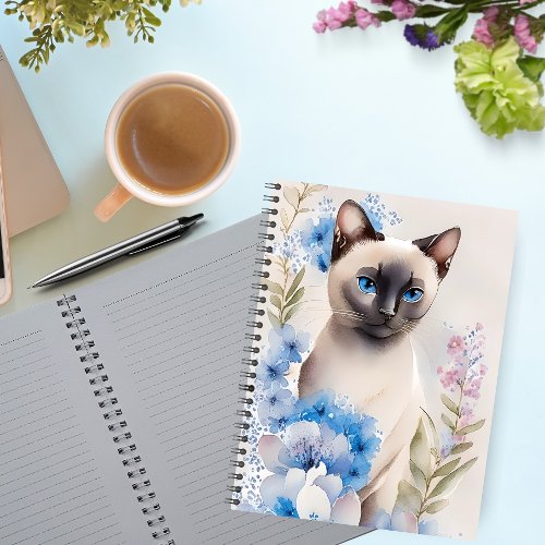 Watercolor Floral Siamese Cat Notebook