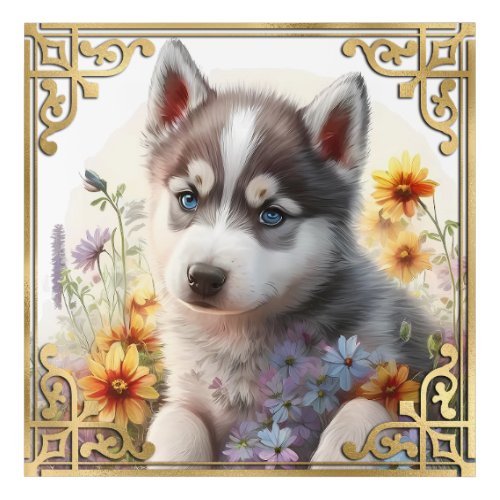 Watercolor Floral Siberian Husky with Gold Frame Acrylic Print