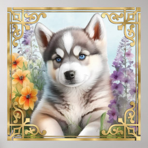 Watercolor Floral Siberian Husky with Gold Frame Poster