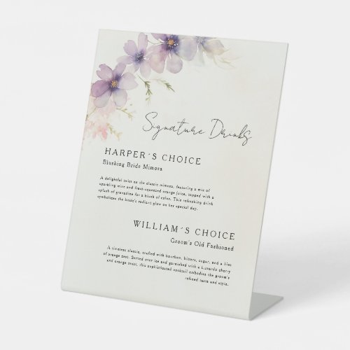 watercolor floral signature drinks wedding menu pedestal sign