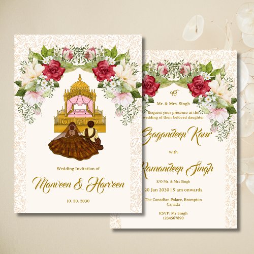 Watercolor floral Sikh wedding invitation card