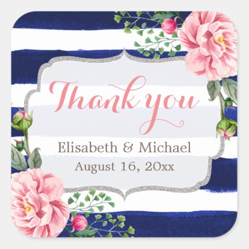 Watercolor Floral Silver Navy Stripes Thank You Square Sticker