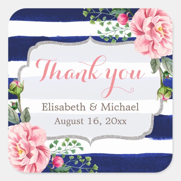 Watercolor Floral Silver Navy Stripes Thank You Square Sticker