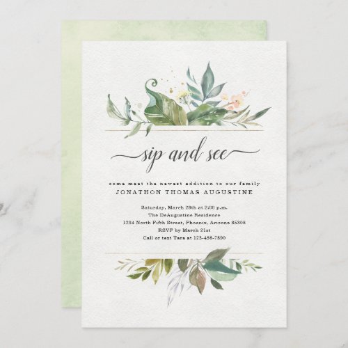 Watercolor Floral Sip & See Invitation - Delicate flowers and greenery provide a lovely backdrop for your Sip and See Party invitation.  Blush peach, soft yellow, and sage green watercolor flowers on a solid white background contrast nicely with the green watercolors on the reverse side.  On the front, the gold (faux glitter) in between the flowers and the text provides a pop of elegance.

Matching items available in the Summer Floral Collection in my store.