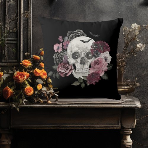 Watercolor Floral Skeleton Goth Halloween Monogram Throw Pillow
