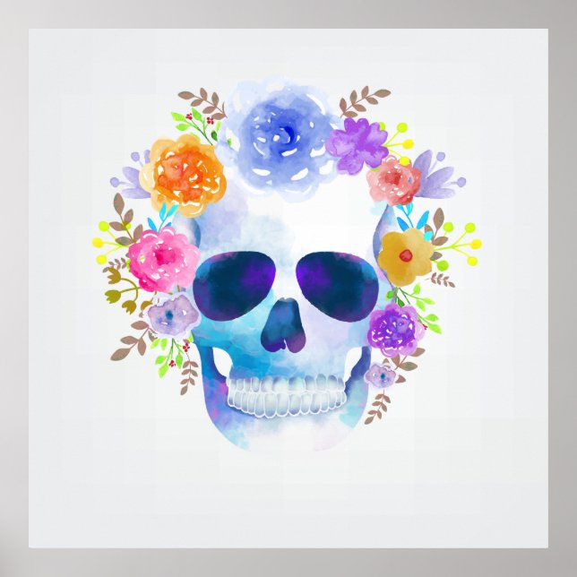 Watercolor floral skull illustration poster (Front)