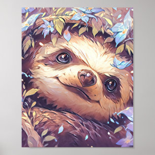 Watercolor Floral Sloth Portrait Art Poster