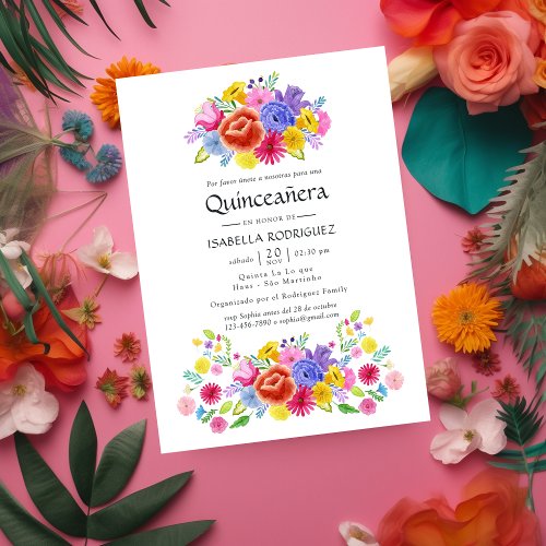 Watercolor Floral Spanish Fiesta Quinceaera Invitation