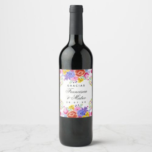Watercolor Floral Spanish Fiesta Wedding Wine Label