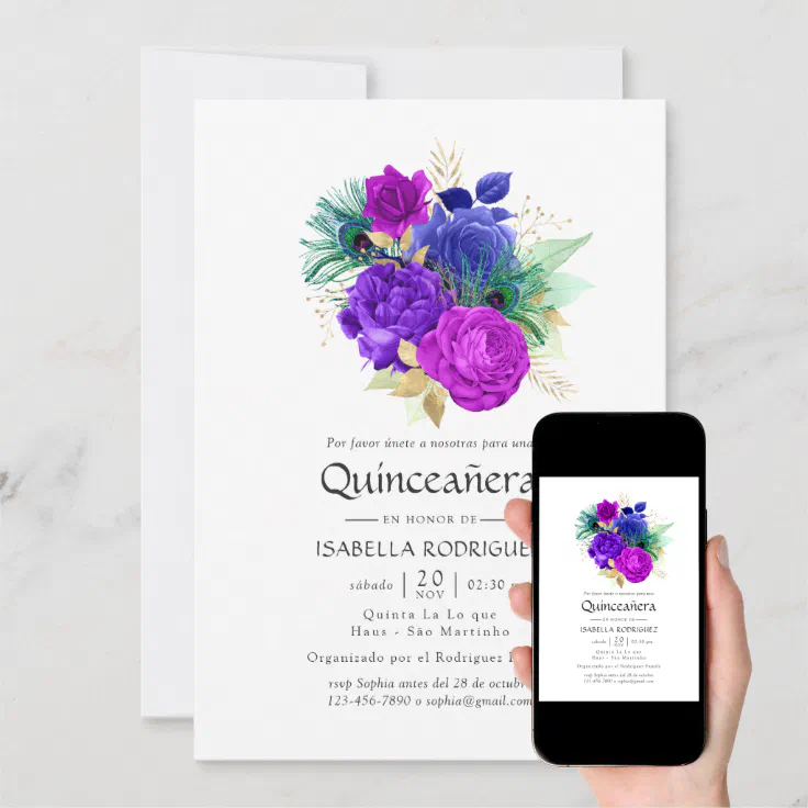 Watercolor Floral Spanish Mardi Gras Quinceañera Invitation Zazzle