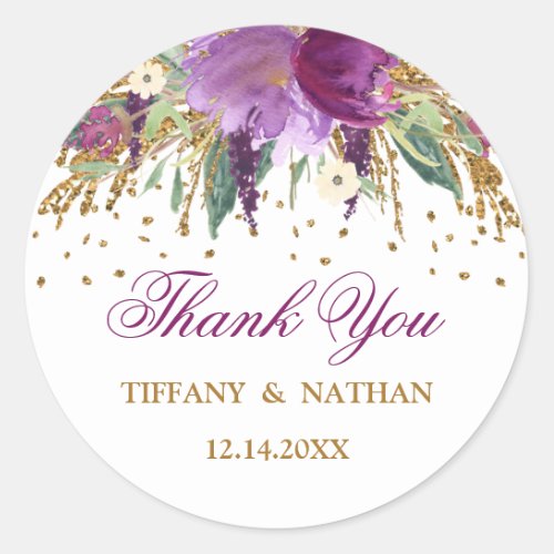 Watercolor Floral Sparkling Amethyst Wedding Classic Round Sticker